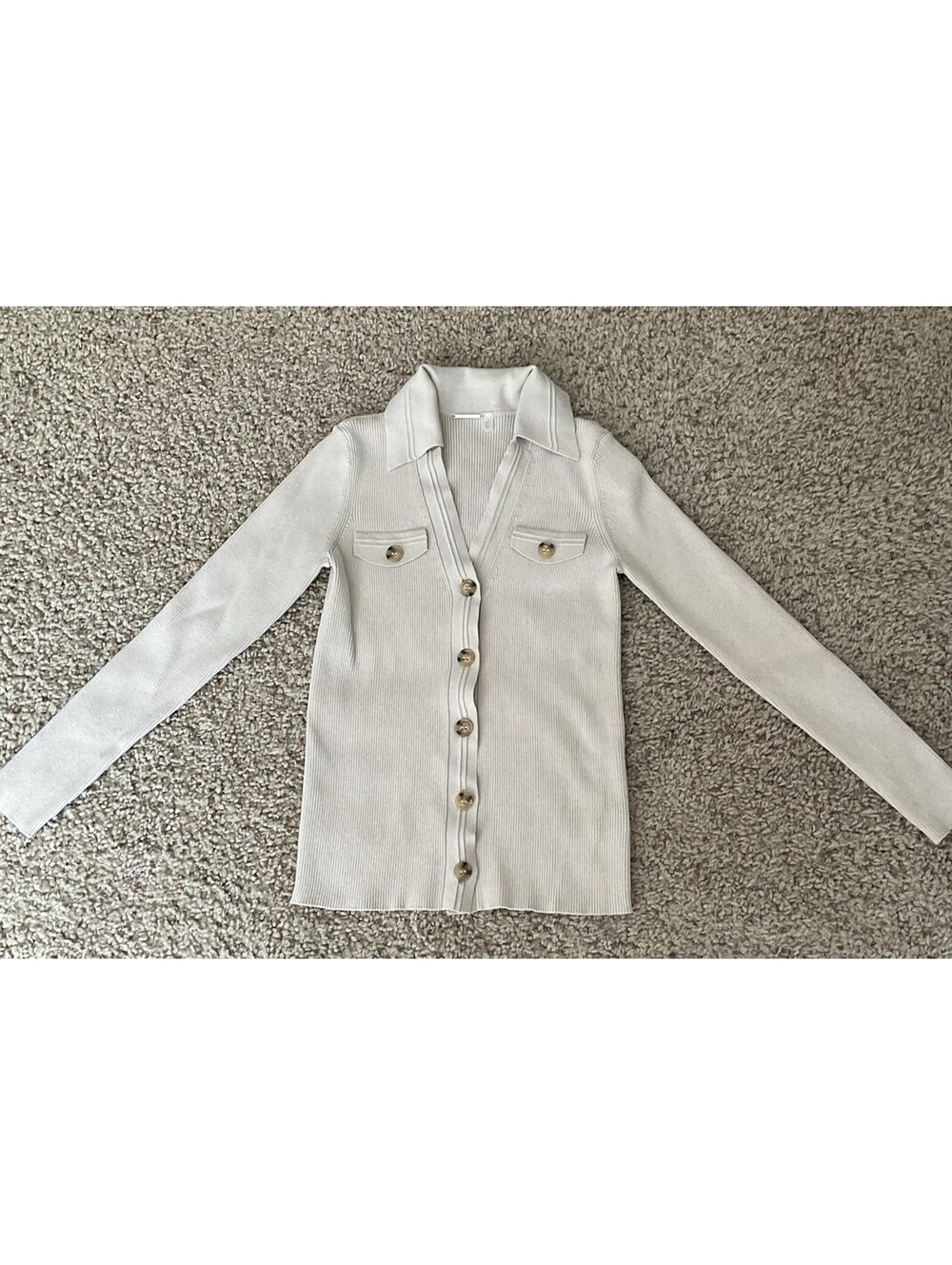Elie Tahari Womens Ribbed-Knit Cardigan, Collar, Button Down Tan Color MSRP $195